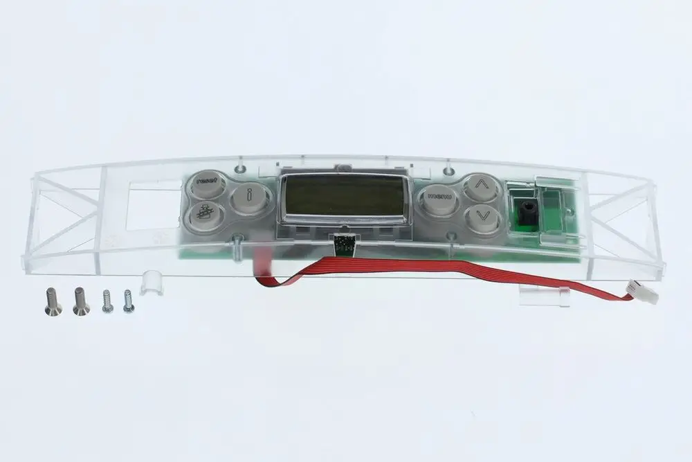 Transparente Steuerplatine von Bosch mit Tasten und LCD-Display, umgeben von einem Rahmen. Enthaltene Schrauben liegen daneben.